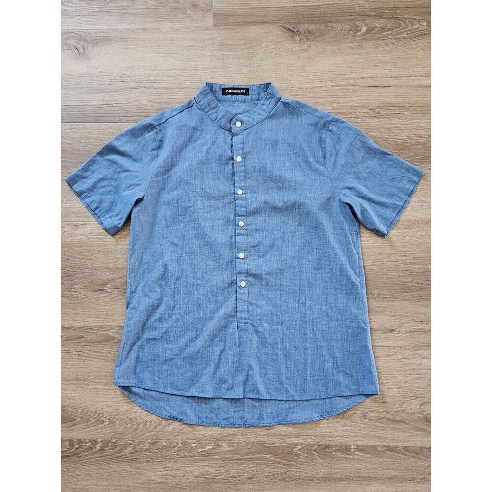 Incerun Casual Blue Short-Sleeve Mandarin Collar Shirt Size S